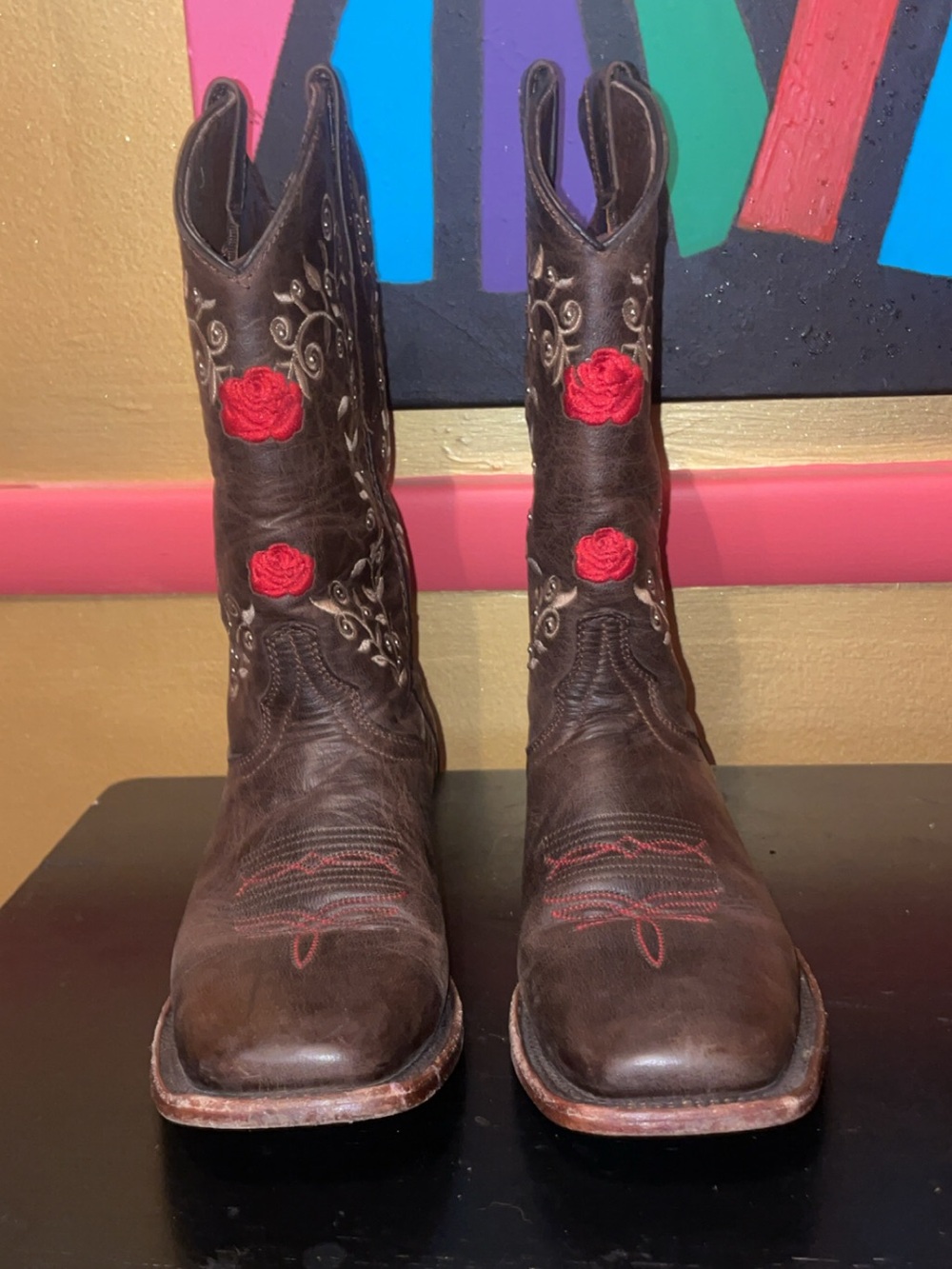 Wildflowers Brown Leather Ankle Boots with Red Rose Embroidery